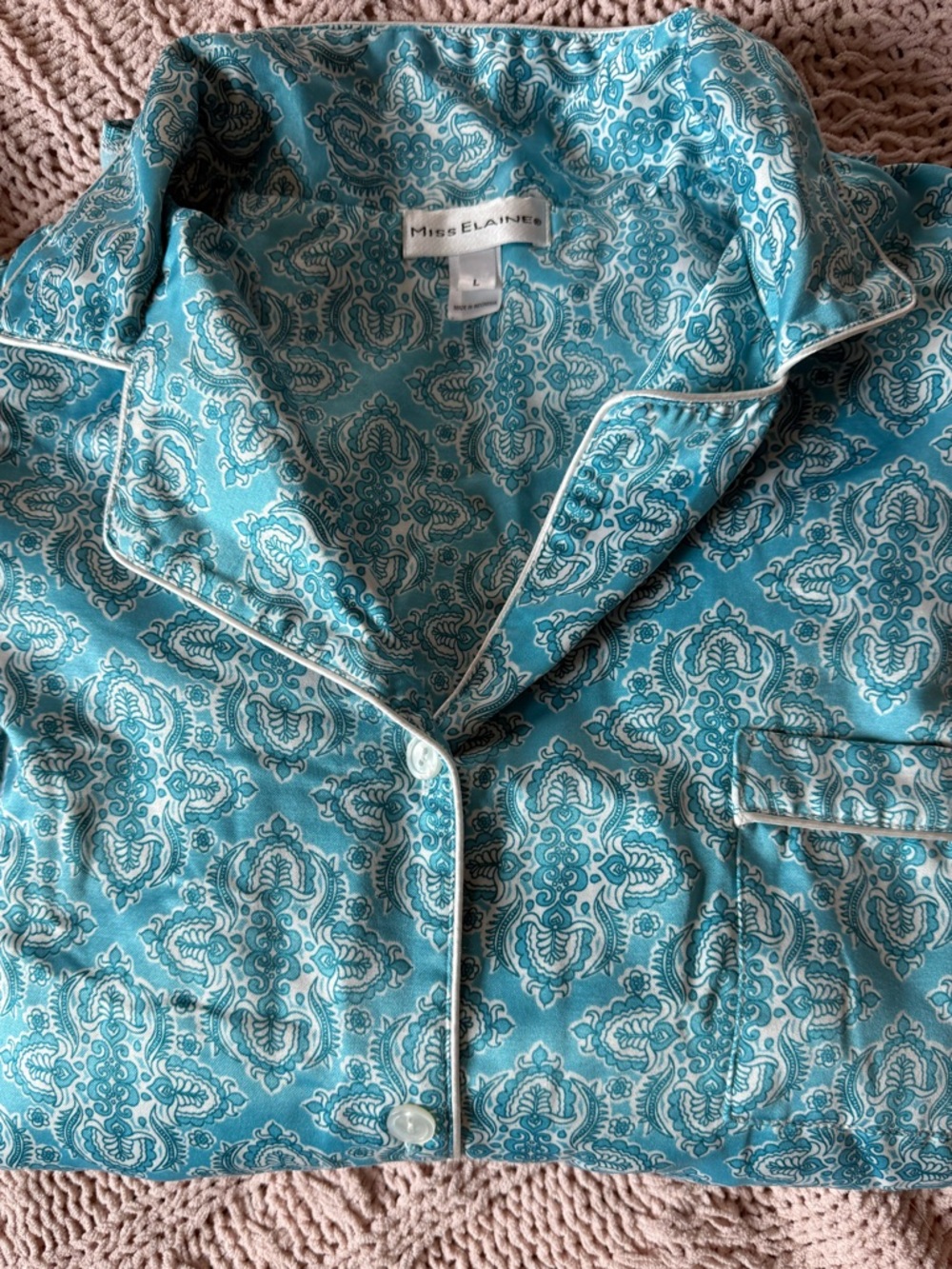 Miss Elaine size L Aqua Paisley Satin Pajama Set Blue comfy Anthro Vibe pattern